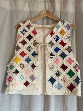 Handmade Patchwork Cathedral Window Vest in Cream with Multicolor Insets